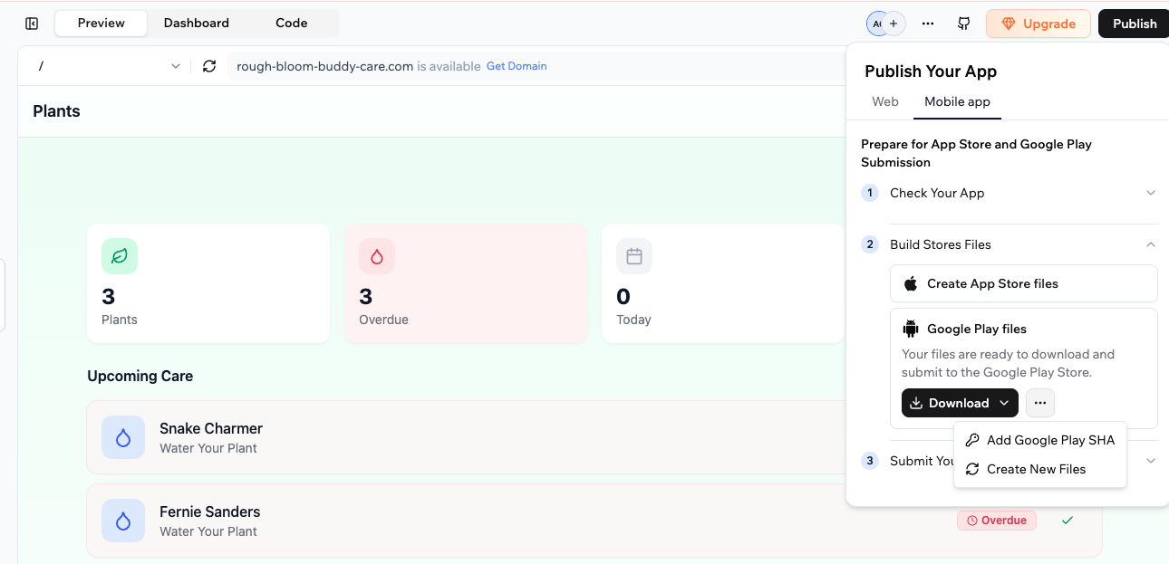 Adding your Google Play App Signing SHA from the Mobile app tab The Mobile app tab showing Google Play files with a Download menu that includes an Add Google Play SHA option
