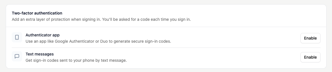 Two-factor authentication options in Base44 account settings