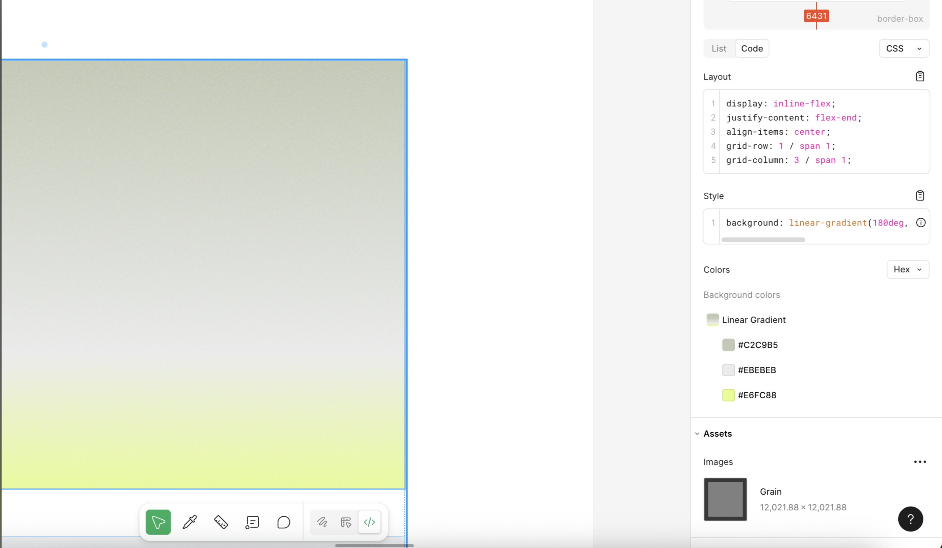 Figma Dev mode showing CSS and gradient background for a selected element